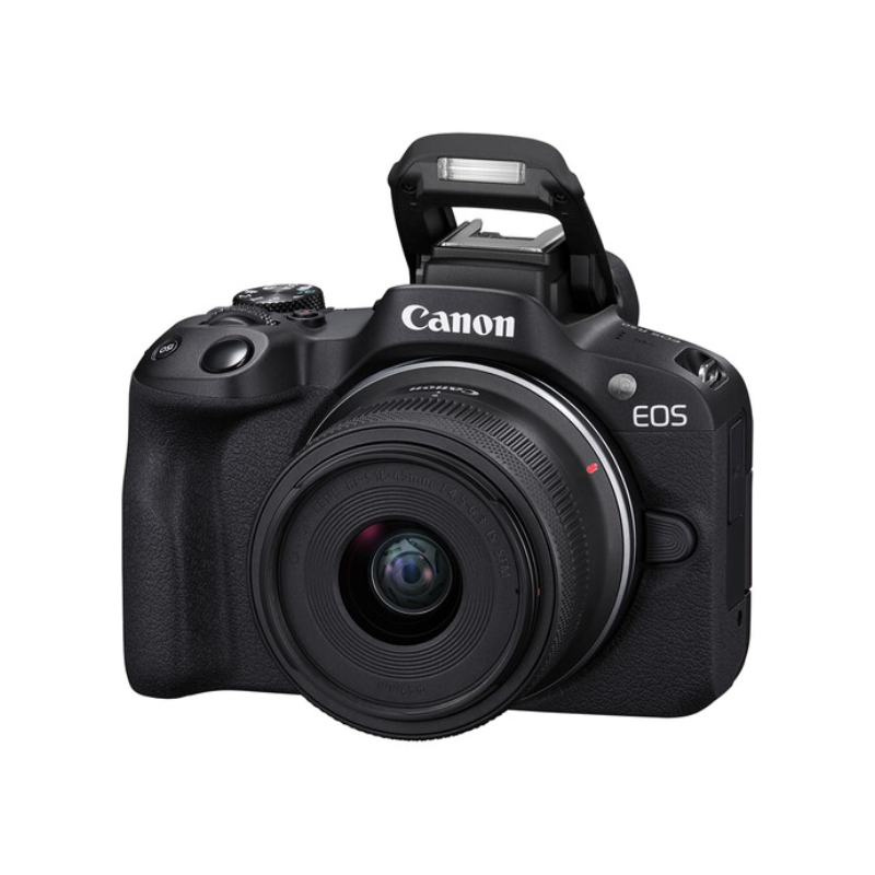 كاميرا كانون الاحترافية المدمجة (Canon EOS R50) + عدسة التركيز التلقائي (RF-S 18-45mm)